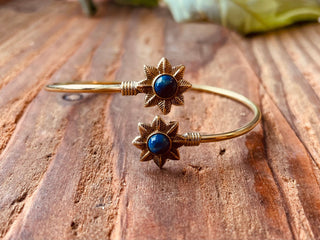 Lapis Lazuli Flower Boho Brass Bracelet / Adjustable / Gold Bangle / Ethnic / Rustic / Bohemian / Hippie / Gypsy / Psy / Bohemian Jewelery