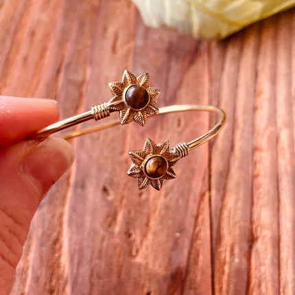 Tiger's Eye Flower Boho Brass Bracelet / Adjustable / Gold Bangle / Ethnic / Rustic / Bohemian / Hippie / Gypsy / Psy / Bohemian Jewelery