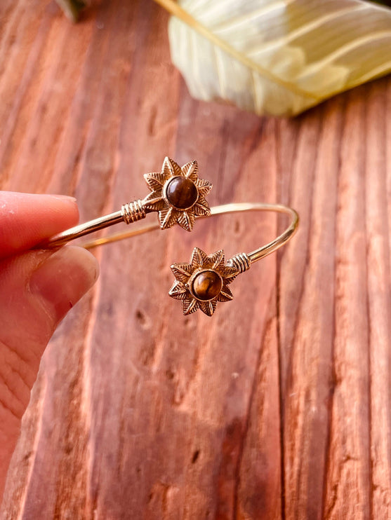 Tiger's Eye Flower Boho Brass Bracelet / Adjustable / Gold Bangle / Ethnic / Rustic / Bohemian / Hippie / Gypsy / Psy / Bohemian Jewelery