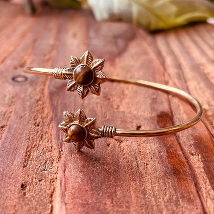 Tiger's Eye Flower Boho Brass Bracelet / Adjustable / Gold Bangle / Ethnic / Rustic / Bohemian / Hippie / Gypsy / Psy / Bohemian Jewelery