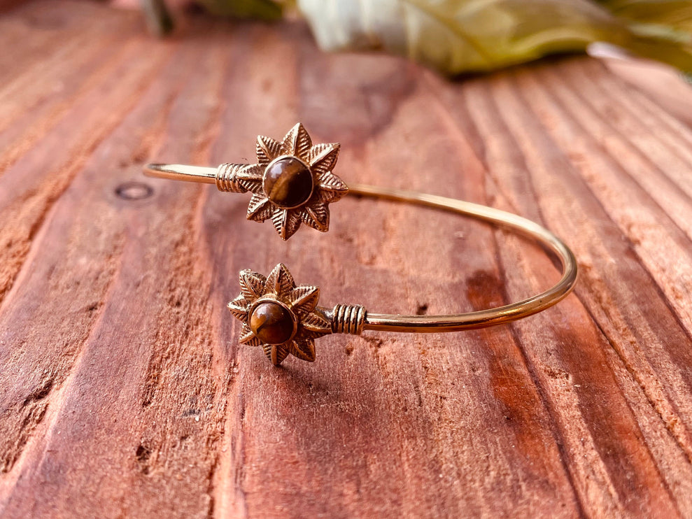 Tiger's Eye Flower Boho Brass Bracelet / Adjustable / Gold Bangle / Ethnic / Rustic / Bohemian / Hippie / Gypsy / Psy / Bohemian Jewelery