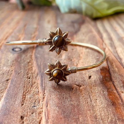 Tiger's Eye Flower Boho Brass Bracelet / Adjustable / Gold Bangle / Ethnic / Rustic / Bohemian / Hippie / Gypsy / Psy / Bohemian Jewelery