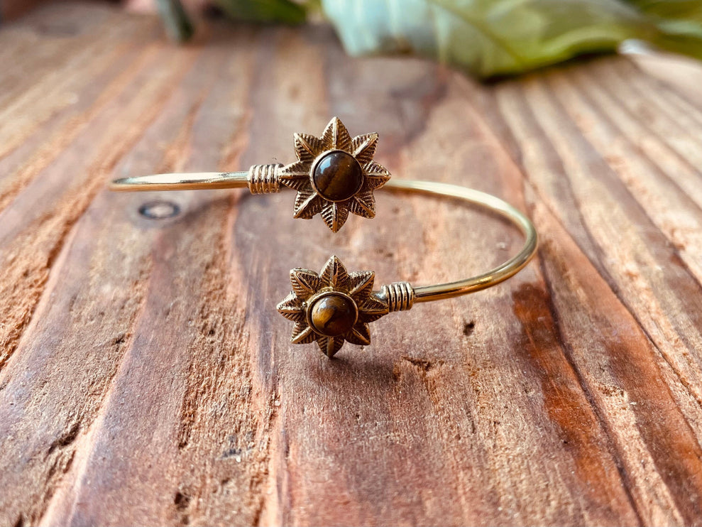 Tiger's Eye Flower Boho Brass Bracelet / Adjustable / Gold Bangle / Ethnic / Rustic / Bohemian / Hippie / Gypsy / Psy / Bohemian Jewelery