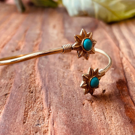 Turquoise Flower Boho Brass Bracelet / Adjustable / Gold Bangle / Ethnic / Rustic / Bohemian / Hippie / Gypsy / Psy / Bohemian Jewelery