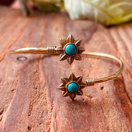 Turquoise Flower Boho Brass Bracelet / Adjustable / Gold Bangle / Ethnic / Rustic / Bohemian / Hippie / Gypsy / Psy / Bohemian Jewelery