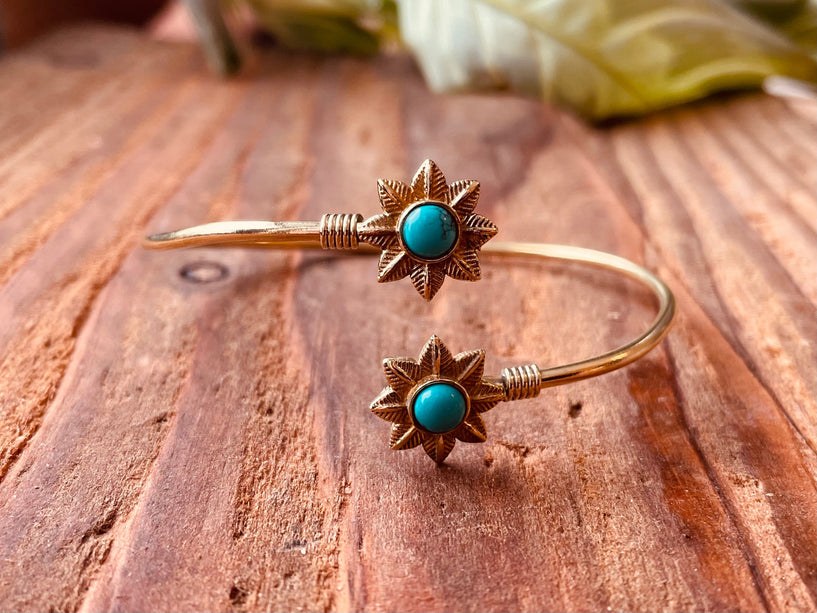 Turquoise Flower Boho Brass Bracelet / Adjustable / Gold Bangle / Ethnic / Rustic / Bohemian / Hippie / Gypsy / Psy / Bohemian Jewelery