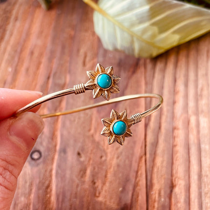 Turquoise Flower Boho Brass Bracelet / Adjustable / Gold Bangle / Ethnic / Rustic / Bohemian / Hippie / Gypsy / Psy / Bohemian Jewelery