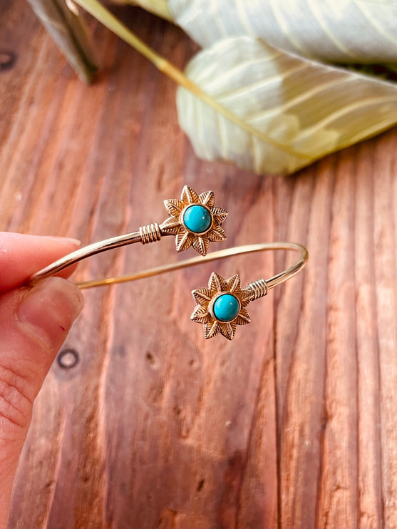 Turquoise Flower Boho Brass Bracelet / Adjustable / Gold Bangle / Ethnic / Rustic / Bohemian / Hippie / Gypsy / Psy / Bohemian Jewelery