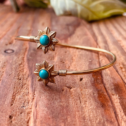 Turquoise Flower Boho Brass Bracelet / Adjustable / Gold Bangle / Ethnic / Rustic / Bohemian / Hippie / Gypsy / Psy / Bohemian Jewelery