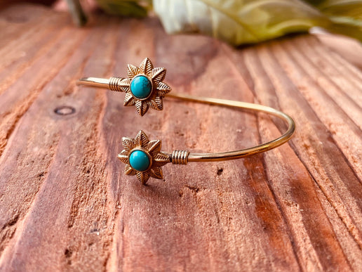 Turquoise Flower Boho Brass Bracelet / Adjustable / Gold Bangle / Ethnic / Rustic / Bohemian / Hippie / Gypsy / Psy / Bohemian Jewelery