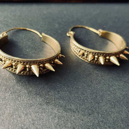 Spike Gold Hoop Earrings / Steampunk / Boho Jewellery / Punk / Goth Fashion / Tattoo / Ethnic / Rustic / Gypsy / Spiral / Hippie style