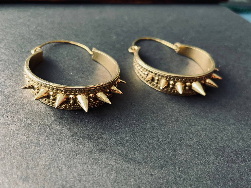 Spike Gold Hoop Earrings / Steampunk / Boho Jewellery / Punk / Goth Fashion / Tattoo / Ethnic / Rustic / Gypsy / Spiral / Hippie style