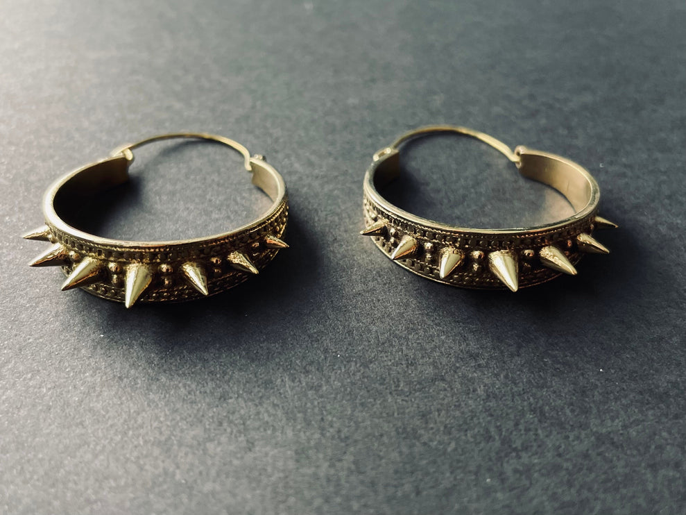 Spike Gold Hoop Earrings / Steampunk / Boho Jewellery / Punk / Goth Fashion / Tattoo / Ethnic / Rustic / Gypsy / Spiral / Hippie style