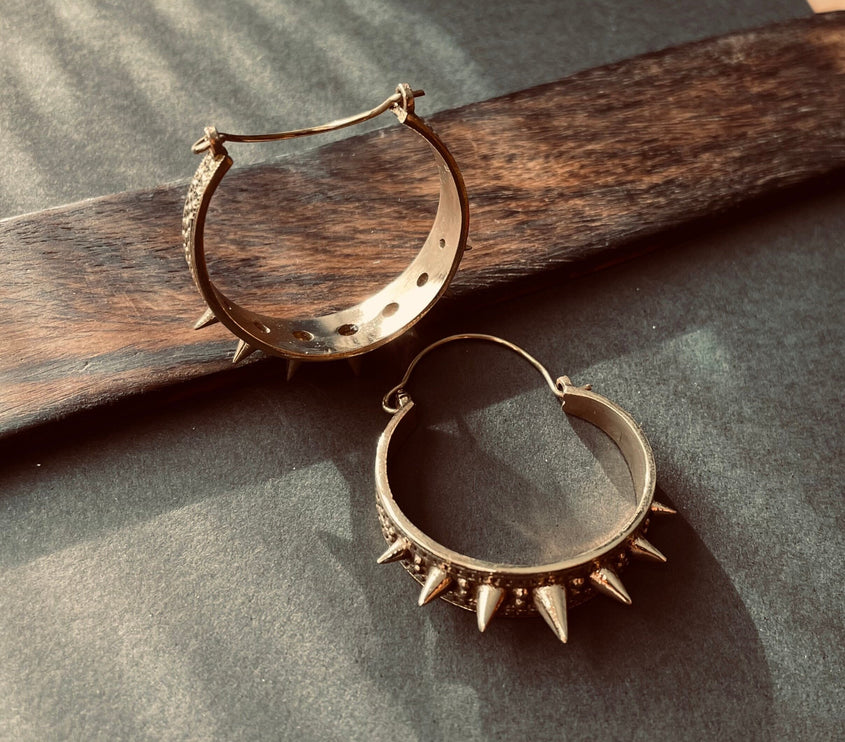 Spike Gold Hoop Earrings / Steampunk / Boho Jewellery / Punk / Goth Fashion / Tattoo / Ethnic / Rustic / Gypsy / Spiral / Hippie style