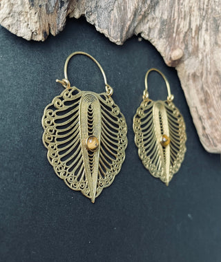 Boho Earrings Tiger's Eye Brass, Ethnic Statement Earrings, Bohemian Style