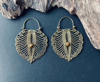 Boho Earrings Tiger's Eye Brass, Ethnic Statement Earrings, Bohemian Style