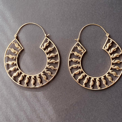 Gold Sea Horse Earrings Extra Large Hoops / Lightweight / Unique Gift / Boho Jewellery / Ethnic / Rustic / Festival / Gypsy / Hippie