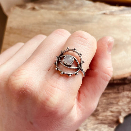 Silver Eye Moonstone Ring / Unique Gemstone Ring / Unisex Ring / Illuminati / Third Eye / Boho / Ethnic / Rustic / Gypsy / Psy / Thumb