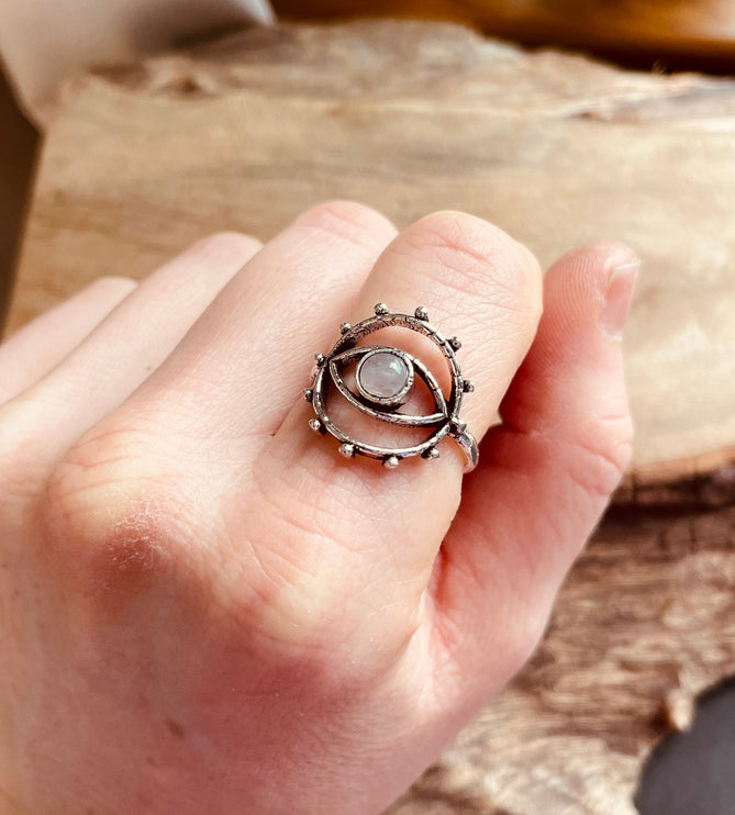 Silver Eye Moonstone Ring / Unique Gemstone Ring / Unisex Ring / Illuminati / Third Eye / Boho / Ethnic / Rustic / Gypsy / Psy / Thumb