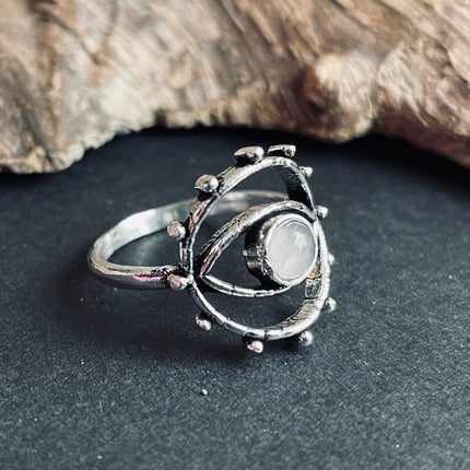 Silver Eye Moonstone Ring / Unique Gemstone Ring / Unisex Ring / Illuminati / Third Eye / Boho / Ethnic / Rustic / Gypsy / Psy / Thumb