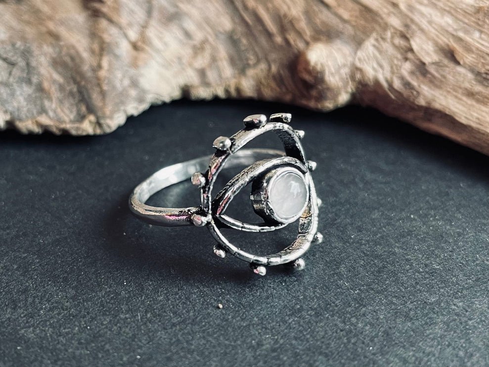 Silver Eye Moonstone Ring / Unique Gemstone Ring / Unisex Ring / Illuminati / Third Eye / Boho / Ethnic / Rustic / Gypsy / Psy / Thumb