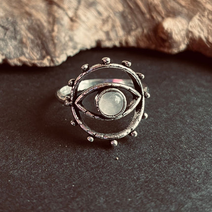 Silver Eye Moonstone Ring / Unique Gemstone Ring / Unisex Ring / Illuminati / Third Eye / Boho / Ethnic / Rustic / Gypsy / Psy / Thumb