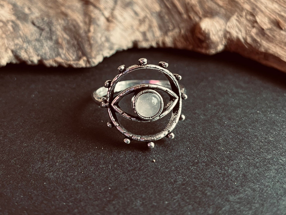 Silver Eye Moonstone Ring / Unique Gemstone Ring / Unisex Ring / Illuminati / Third Eye / Boho / Ethnic / Rustic / Gypsy / Psy / Thumb