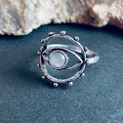 Silver Eye Moonstone Ring / Unique Gemstone Ring / Unisex Ring / Illuminati / Third Eye / Boho / Ethnic / Rustic / Gypsy / Psy / Thumb