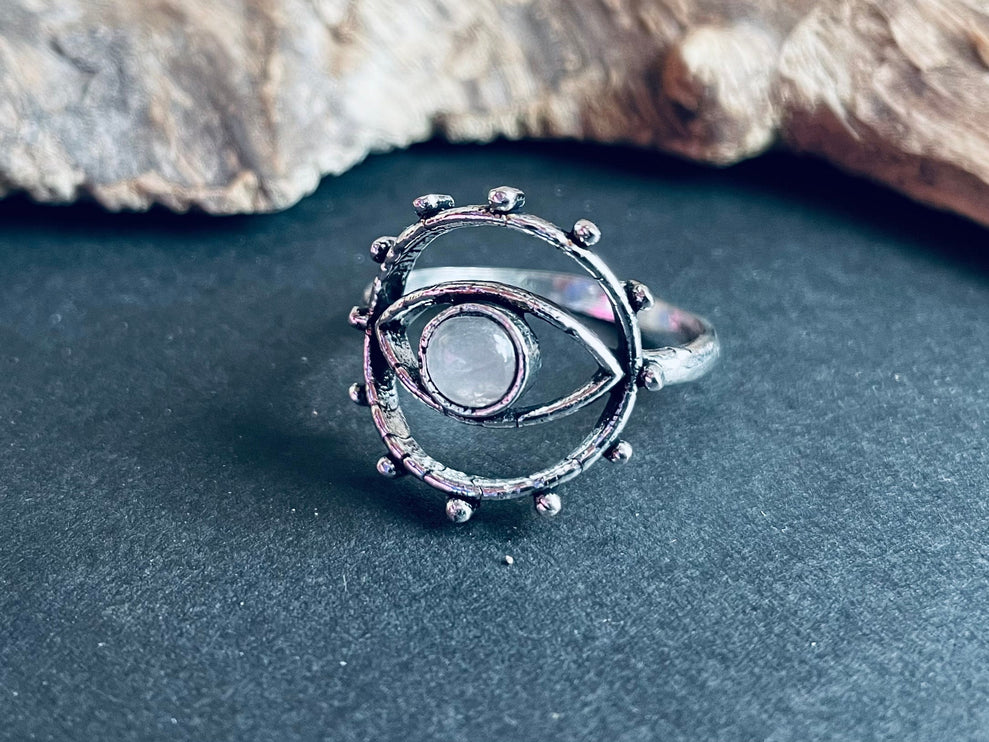 Silver Eye Moonstone Ring / Unique Gemstone Ring / Unisex Ring / Illuminati / Third Eye / Boho / Ethnic / Rustic / Gypsy / Psy / Thumb