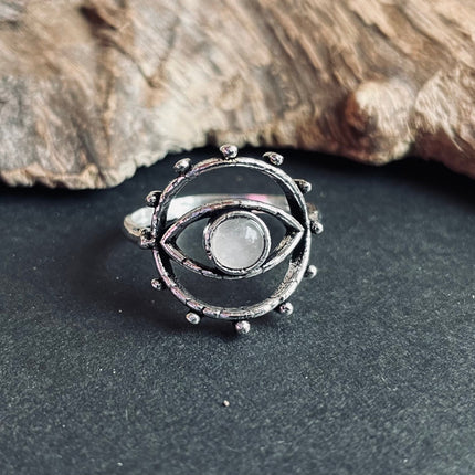 Silver Eye Moonstone Ring / Unique Gemstone Ring / Unisex Ring / Illuminati / Third Eye / Boho / Ethnic / Rustic / Gypsy / Psy / Thumb