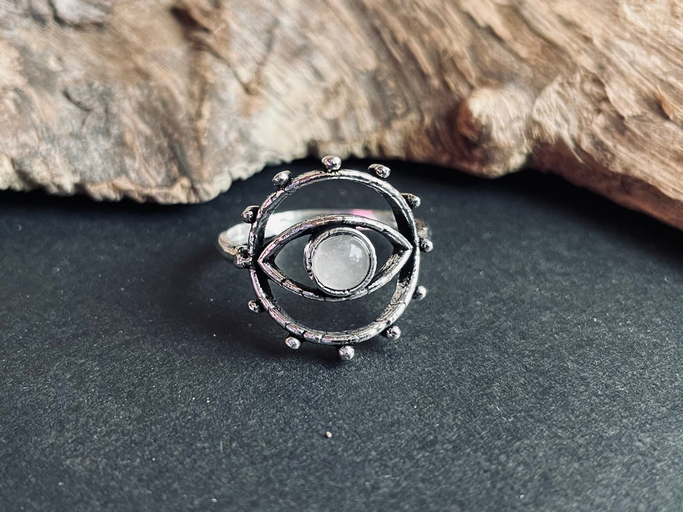 Silver Eye Moonstone Ring / Unique Gemstone Ring / Unisex Ring / Illuminati / Third Eye / Boho / Ethnic / Rustic / Gypsy / Psy / Thumb