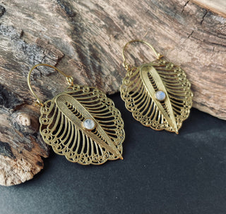 Moonstone Boho Earrings Brass / Ethnic Jewellery / Rustic Style / Yoga / Hippie / Gypsy / Bohemian Style / Festival Fashion / Gemstone