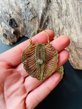 Large Boho Brass Earrings Labradorite, Intricate Details Hoops, Hypoallergenic Option, Bohemian Style Jewellery