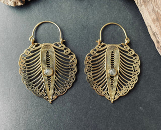 Large Boho Brass Earrings Labradorite, Intricate Details Hoops, Hypoallergenic Option, Bohemian Style Jewellery