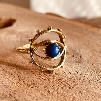 Golden Eye Lapis Lazuli Ring / Unique Gemstone Ring / Unisex Ring / Illuminati / Third Eye / Boho / Ethnic / Rustic / Gypsy / Psy / Thumb