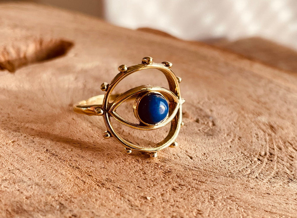 Golden Eye Lapis Lazuli Ring / Unique Gemstone Ring / Unisex Ring / Illuminati / Third Eye / Boho / Ethnic / Rustic / Gypsy / Psy / Thumb