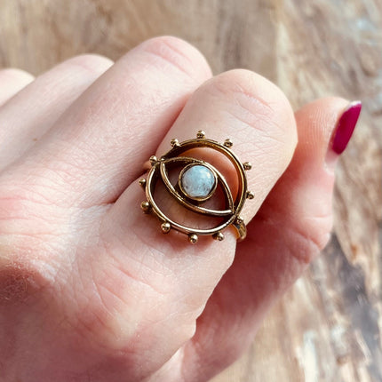 Golden Eye Moonstone Ring / Unique Gemstone Ring / Unisex Ring / Illuminati / Third Eye / Boho / Ethnic / Rustic / Gypsy / Psy / Thumb