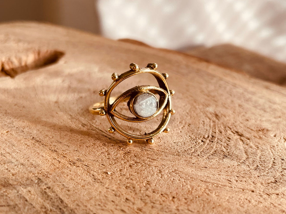 Golden Eye Moonstone Ring / Unique Gemstone Ring / Unisex Ring / Illuminati / Third Eye / Boho / Ethnic / Rustic / Gypsy / Psy / Thumb