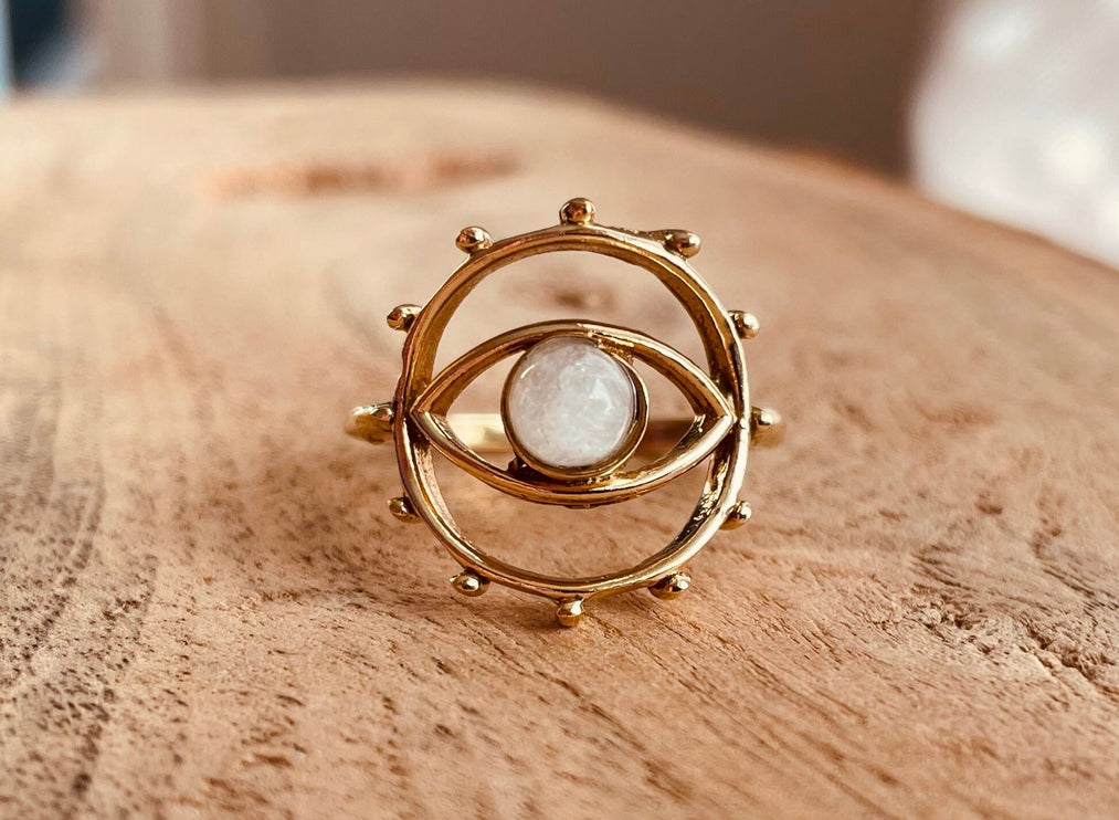 Golden Eye Moonstone Ring / Unique Gemstone Ring / Unisex Ring / Illuminati / Third Eye / Boho / Ethnic / Rustic / Gypsy / Psy / Thumb