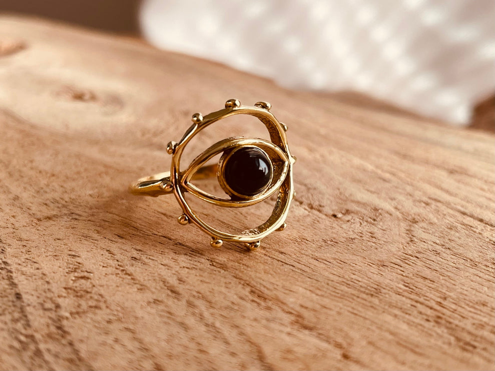 Golden Eye Black Onyx Ring / Unique Gemstone Ring / Unisex Ring / Illuminati / Third Eye / Boho / Ethnic / Rustic / Gypsy / Psy / Thumb