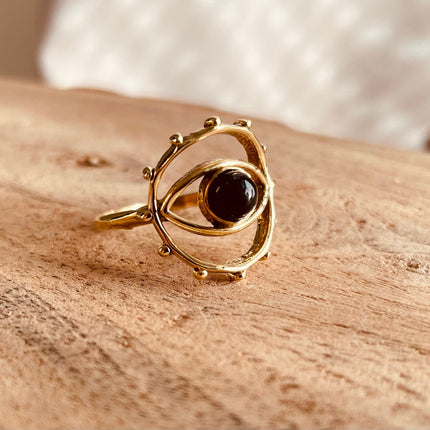 Golden Eye Black Onyx Ring / Unique Gemstone Ring / Unisex Ring / Illuminati / Third Eye / Boho / Ethnic / Rustic / Gypsy / Psy / Thumb