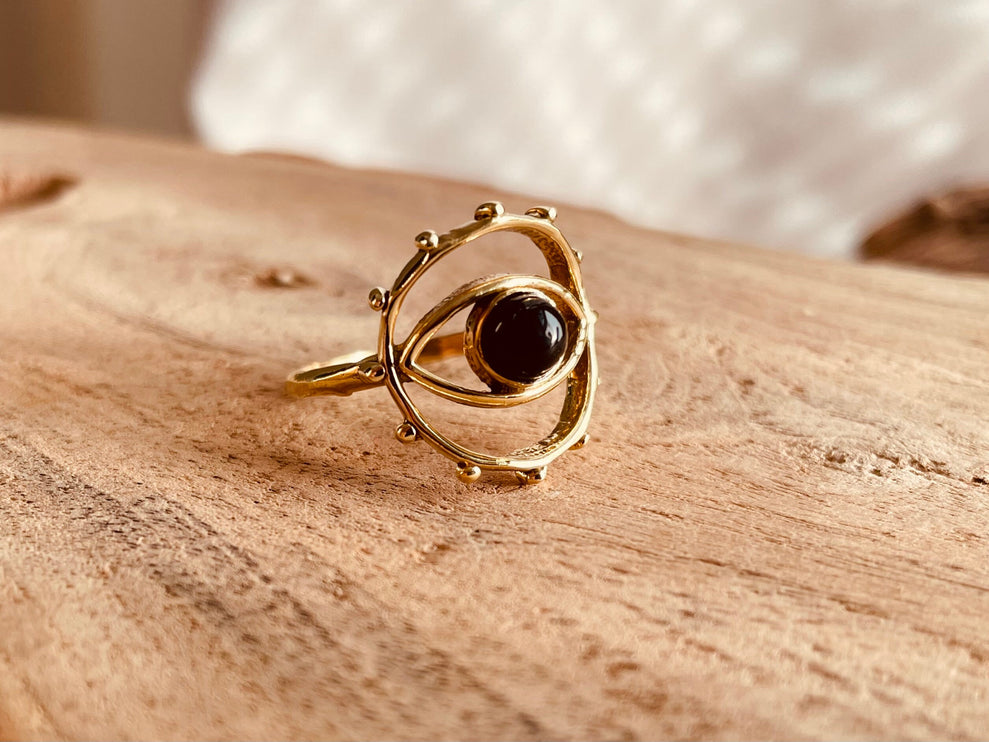 Golden Eye Black Onyx Ring / Unique Gemstone Ring / Unisex Ring / Illuminati / Third Eye / Boho / Ethnic / Rustic / Gypsy / Psy / Thumb