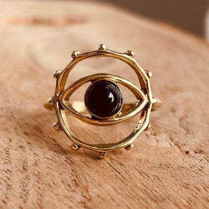 Golden Eye Black Onyx Ring / Unique Gemstone Ring / Unisex Ring / Illuminati / Third Eye / Boho / Ethnic / Rustic / Gypsy / Psy / Thumb