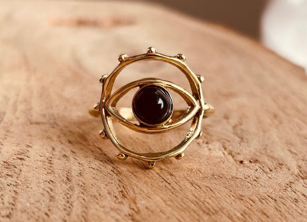 Golden Eye Black Onyx Ring / Unique Gemstone Ring / Unisex Ring / Illuminati / Third Eye / Boho / Ethnic / Rustic / Gypsy / Psy / Thumb