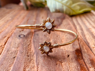 Moonstone Flower Boho Brass Bracelet / Adjustable / Gold Bangle / Ethnic / Rustic / Bohemian / Hippie / Gypsy / Psy / Bohemian Jewelery