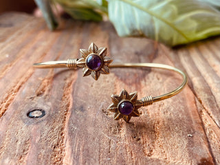 Amethyst Flower Boho Brass Bracelet / Adjustable / Gold Bangle / Ethnic / Rustic / Bohemian / Hippie / Gypsy / Psy / Bohemian Jewelery