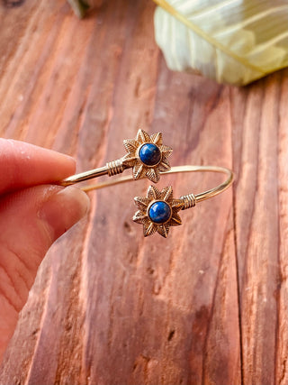 Lapis Lazuli Flower Boho Brass Bracelet / Adjustable / Gold Bangle / Ethnic / Rustic / Bohemian / Hippie / Gypsy / Psy / Bohemian Jewelery