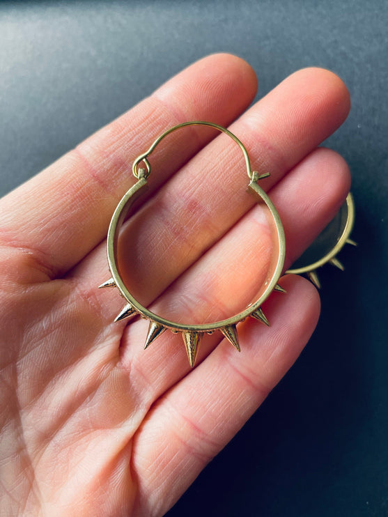 Spike Gold Hoop Earrings / Steampunk / Boho Jewellery / Punk / Goth Fashion / Tattoo / Ethnic / Rustic / Gypsy / Spiral / Hippie style