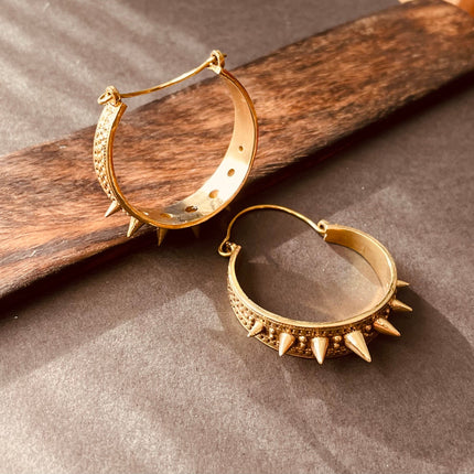 Spike Gold Hoop Earrings / Steampunk / Boho Jewellery / Punk / Goth Fashion / Tattoo / Ethnic / Rustic / Gypsy / Spiral / Hippie style