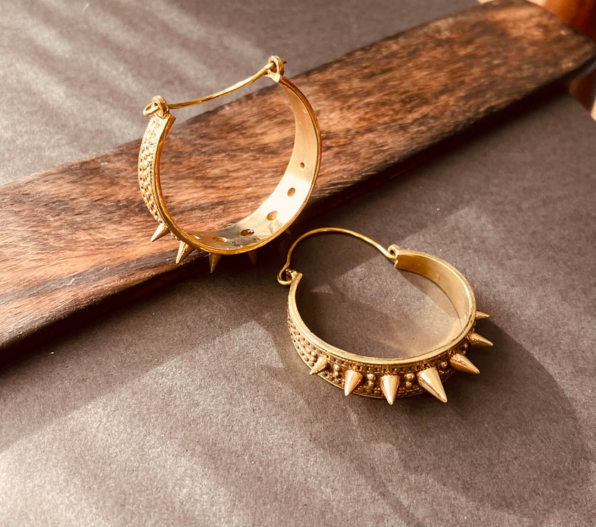 Spike Gold Hoop Earrings / Steampunk / Boho Jewellery / Punk / Goth Fashion / Tattoo / Ethnic / Rustic / Gypsy / Spiral / Hippie style